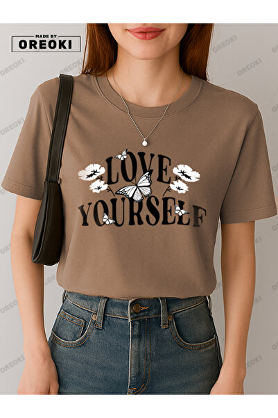 EFFRENATU تي شيرت بناتي من القطن مطبوع عليه Love Yourself باللون البني الفاتح