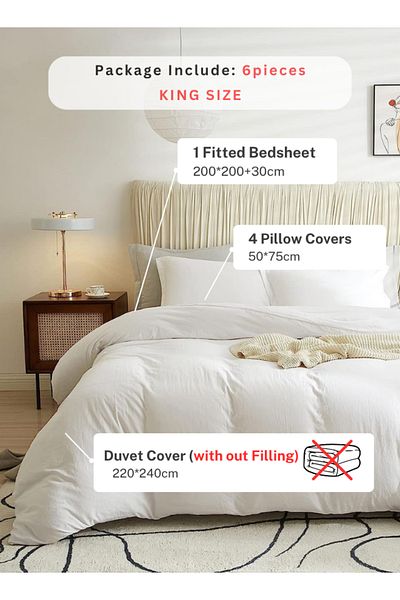 LUNA HOME Washable Cotton 6 Pieces King Size Duvet Cover Plain Off White 220x240cm.