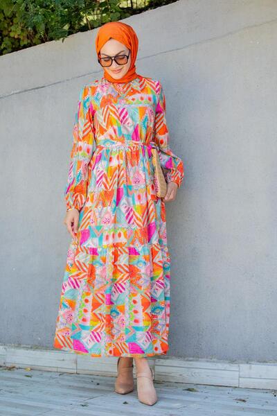 Tesettür Çarşım Mihre Ethnic Pattern Modal Crepe Dress-Orange