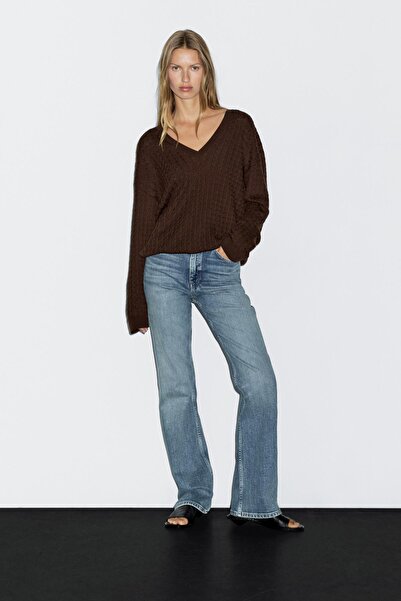 Massimo Dutti V yaka saç örgülü kazak