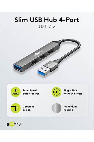 goobay Slim 4-Port USB Hub, USB-A to USB-A, 5 Gbit/s | 74456