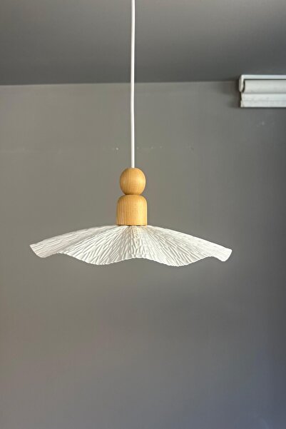 Bamyum Teyra Beyaz Tekli Avize Kalın Ahşap Boncuk Başlık Sarkıt Lamba Restoran Salon Aydınlatma