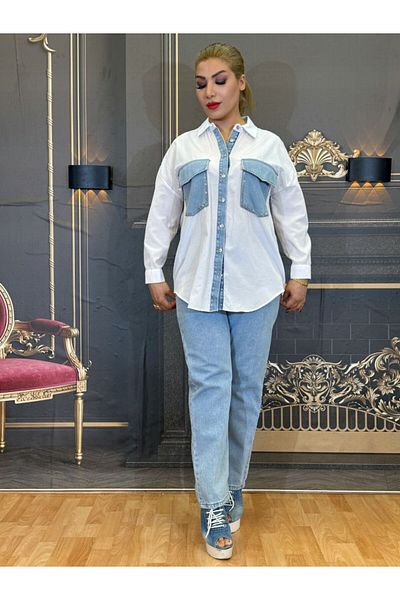 Yeşilmoda Jeans Suit,Shirt and Pants,Jeans and Cotton,Straight Pants,High Waisted,,Elastic Waist,Blue,With Pocket Details