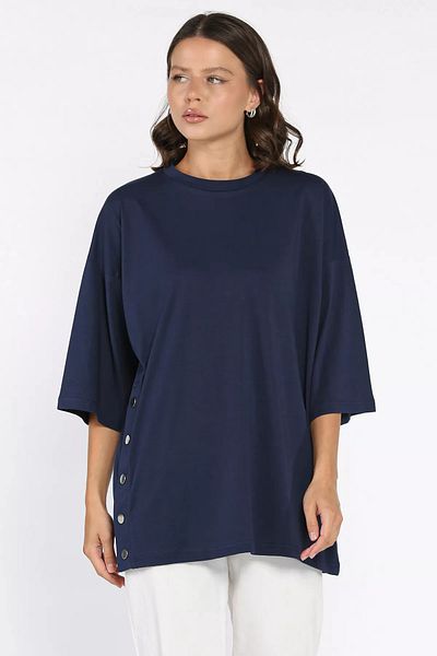 GÜLSELİ Navy Blue Side Snap Oversize T-Shirt (S-M-L-Xl Compatible)