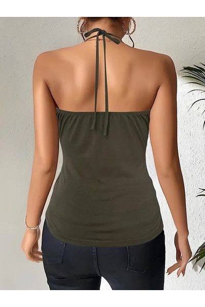 Modayakamoz Women's Strappy Bird Eye and Low-Cut Detail Halter Neck Viscose Blouse