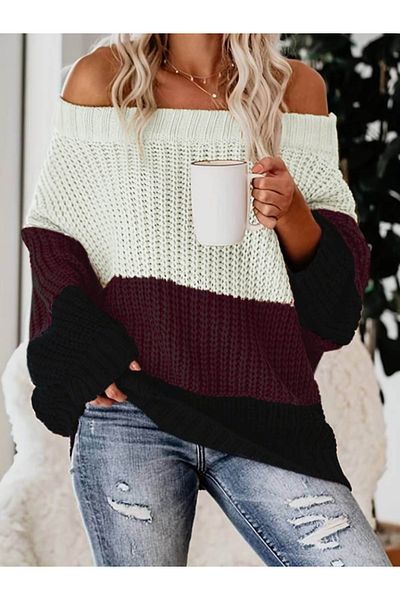 shop Women's Long Sleeve Madonna Collar Stripe Patterned Loose Knitwear