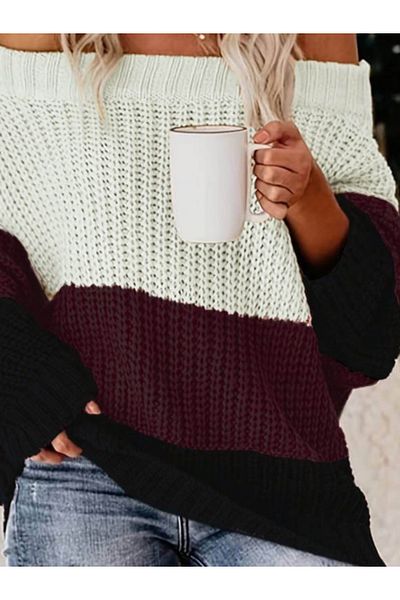 shop Women's Long Sleeve Madonna Collar Stripe Patterned Loose Knitwear