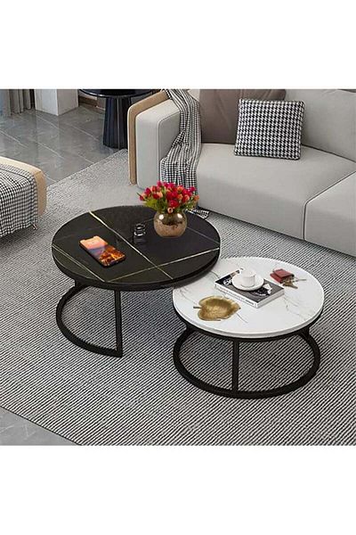 AGD 2 Pieces Table Set, Round Nesting Storage Coffee Tables with Open Shelf Simple Marble Design for