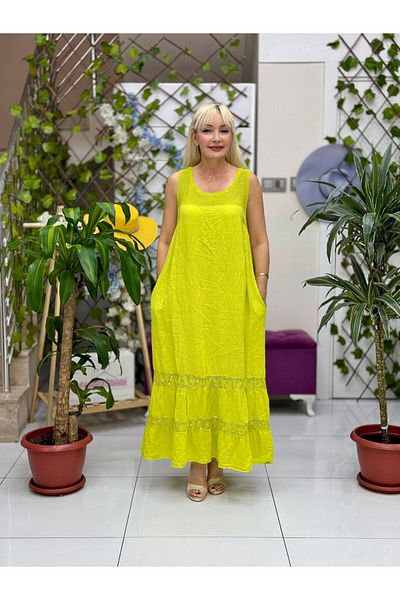 Punta Otantik Nc61340 Italian Mesh Strap Linen Dress Pistachio