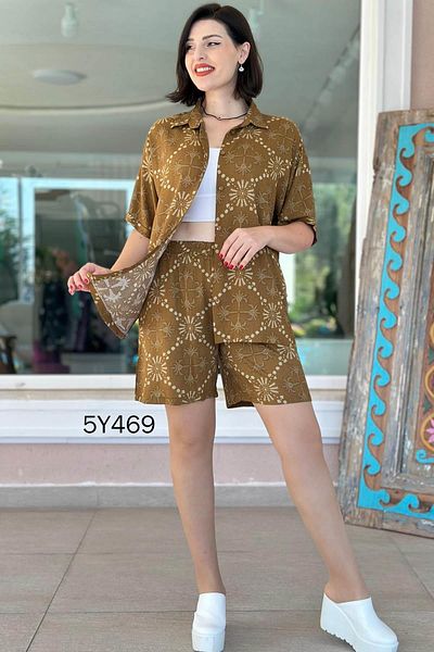 İnce Topuk Patterned Shirt Shorts Set 5Y469