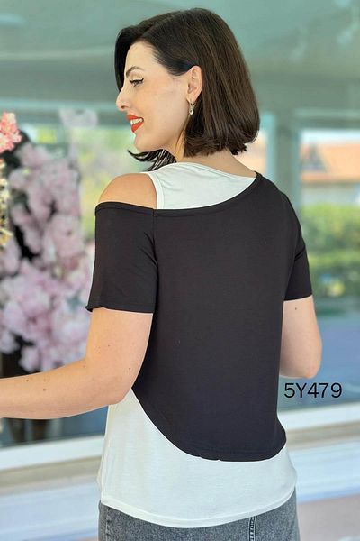 İnce Topuk Asymmetrical Cut Garnished Blouse 5Y479