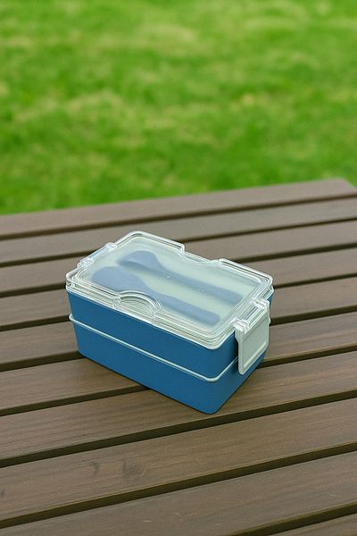 Bayev Layers Blue 2 Tier Storage Container Lunch Box with Fork and Spoon - Lunch Box with Nutrition Compartments
