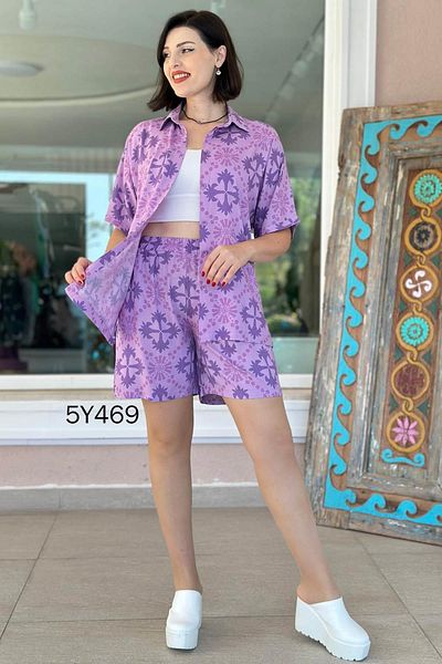 İnce Topuk Patterned Shirt Shorts Set 5Y469