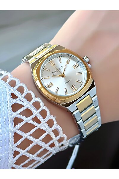 Ferrucci ساعة يد نسائية ميلانو – سوار معدني، تفاصيل ذهبية، كوارتز تناظري