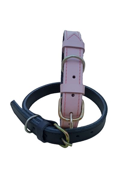 OEM Set de 2 gulere din piele naturală roz și neagră 60 x 2,5 cm, circumferință 37-48 cm