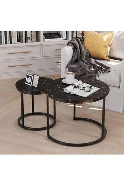 AGD 2 Pieces Round Coffee Table, Nesting Coffee Table, Multipurpose Wooden Top and Steel Frame for Livin