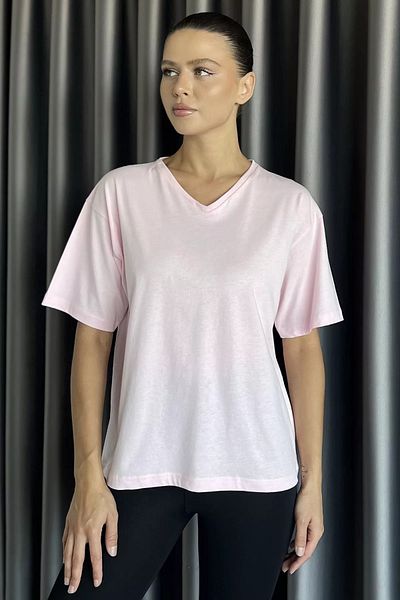 GÜLSELİ Tricou de bază roz cu decolteu în V