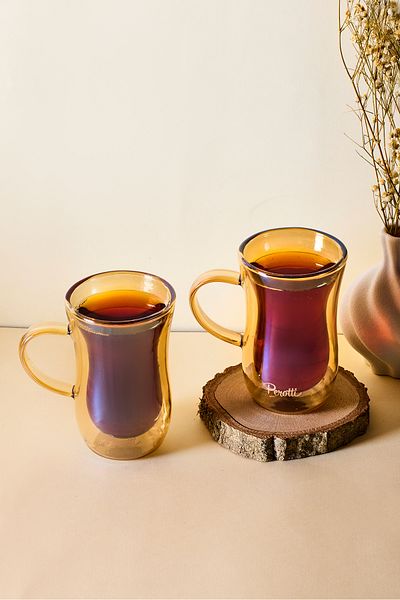 Perotti Amber 2-Piece Heat Resistant Double Walled Glass Tea Cup with Handle 150 ml