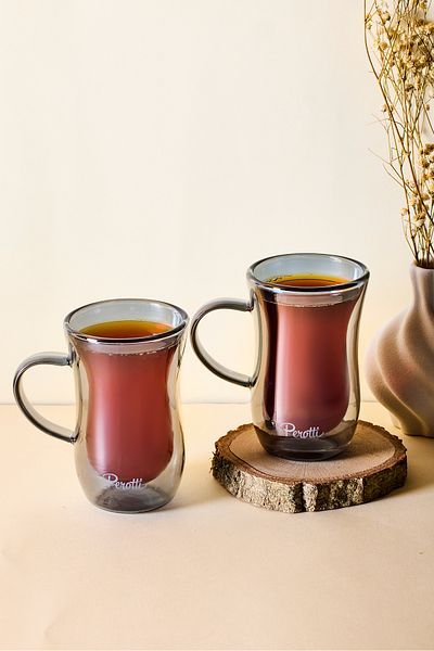 Perotti Smoked 2-Piece Heat Resistant Double Walled Glass Tea Cup with Handle 150 ml
