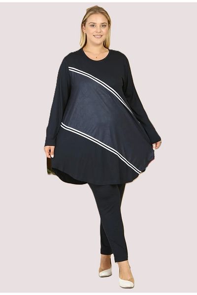 Şans Women's Plus Size Navy Blue, Faux Leather and Stripe Detailed Lycra Viscose 2 Piece Set 65N39014