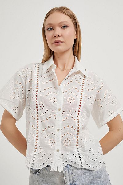 Modasultan Short Sleeve Embroidered 100% Cotton Brode Women's Shirt