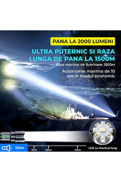 Elindor ® Black Led Flashlight, 2000 Lumens, Rechargeable, 5 Modes, Zoom, Water Resistant