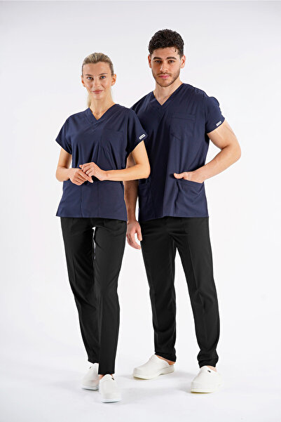 Lion Üniforma Lacivert Dr. Greys Modeli Likralı Hemşire Doktor Forması Scrubs...