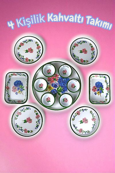İnci Emaye Medium Size Patterned Enamel Breakfast Set for 4 People, Presentation Plate, Breakfast Plate, Jam Bowl, Olives, Cheese Plate