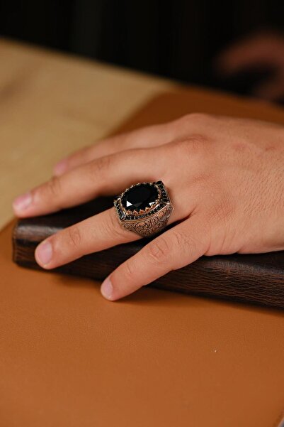 dergah tesbih Özel Tasarım El İşçiliği Siyah Taşlı 925 Ayar Gümüş Yüzük (Kudret Beyi)