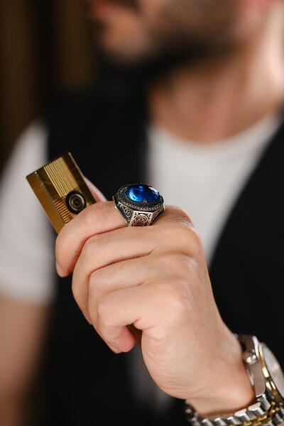 dergah tesbih Çelebi Serisi El İşçiliği Mavi Taşlı 925 Ayar Gümüş Yüzük