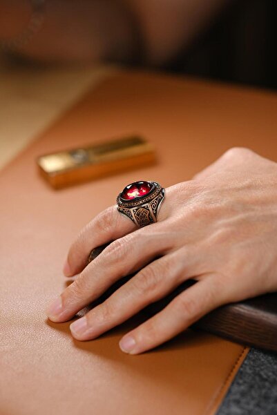 dergah tesbih Çelebi Serisi El İşçiliği Kırmızı Taşlı 925 Ayar Gümüş Yüzük