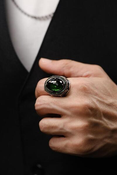 dergah tesbih Çelebi Serisi El İşçiliği Yeşil Taşlı 925 Ayar Gümüş Yüzük