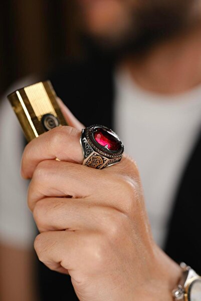 dergah tesbih Çelebi Serisi El İşçiliği Kırmızı Taşlı 925 Ayar Gümüş Yüzük