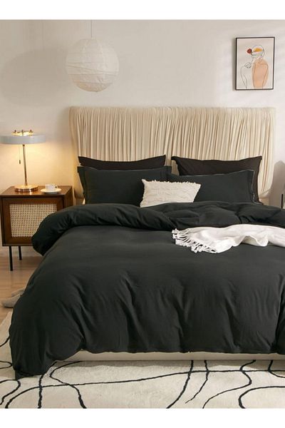 LUNA HOME Queen size 6 Pieces Bedding set, Washable Cotton Black Color 200x230cm.