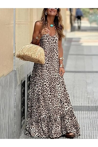 ESSFASIHON Γυναικείο φόρεμα με στρογγυλή λαιμόκοψη με βολάν με λεοπάρ στάμπα