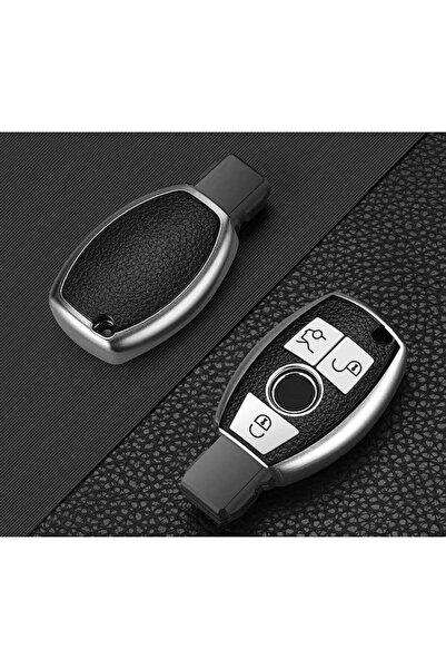 OEM Carcasă cheie auto pentru Mercedes Benz cu inserție din piele, 3 butoane, silicon, argintie