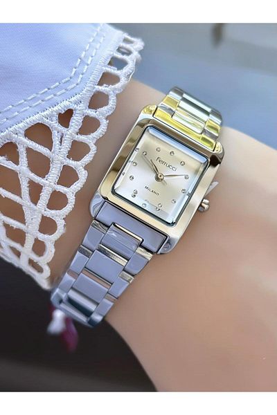 Ferrucci Milano Women's Wristwatch – Square Case, Stone Detailed Dial, Silver Color Metal Band