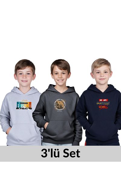 FYK COLLECTİON 3-Pack Hooded Kangaroo Pocket Printed Boy's Sweatshirt