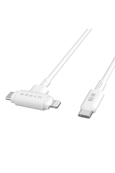 3DHyperStudio Hyper HyperJuice Silikonowy kabel USB-C do USB-C i Lightning Hybrid 60W, biały | Hyper