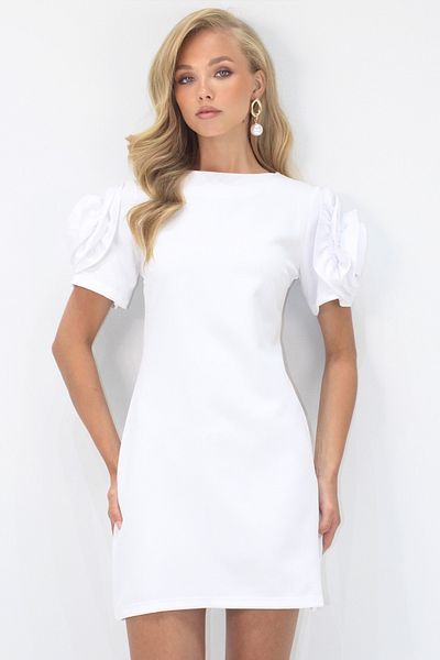 VAGGON White Crew Neck Sleeves Ruffle Detail Hidden Zipper Mini Dress