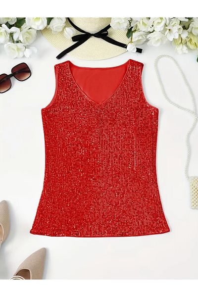 AYSİ COLLECTİON Sequin Sequined V-Neck Strappy Top, Stylish Sleeveless Top for Party and Vacation Beige