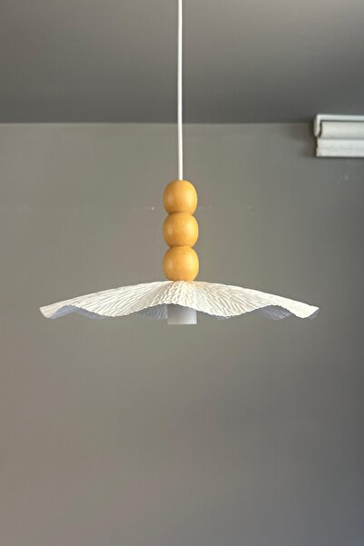 Bamyum Teyra Beyaz Tekli Avize Ahşap Üç Boncuk Başlık Sarkıt Lamba Restoran Salon Aydınlatma