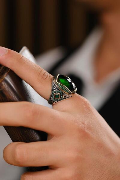 dergah tesbih Cihandar Serisi El İşçiliği Yeşil Taşlı 925 Ayar Gümüş Yüzük