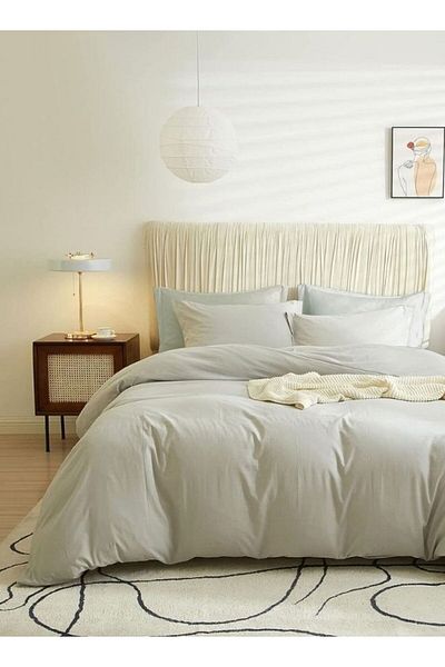 LUNA HOME Queen Size 6 Pieces Bedding Set, Washable Cotton Light Gray Color 200x230cm.