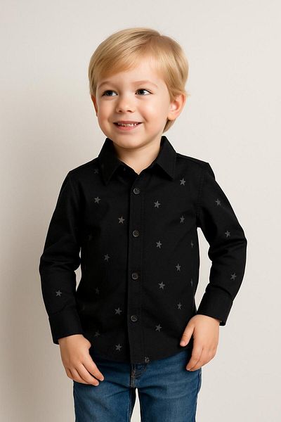 Dragora Boy's Gray Star Patterned Black Shirt