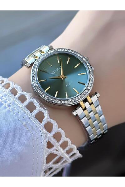 Ferrucci ساعة يد نسائية ميلانو – إطار مزين بالأحجار، حبل معدني بلونين