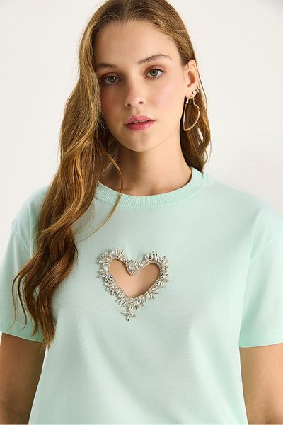 Bianco Lucci Women's Stoned Heart Window Cotton T-Shirt 60602073