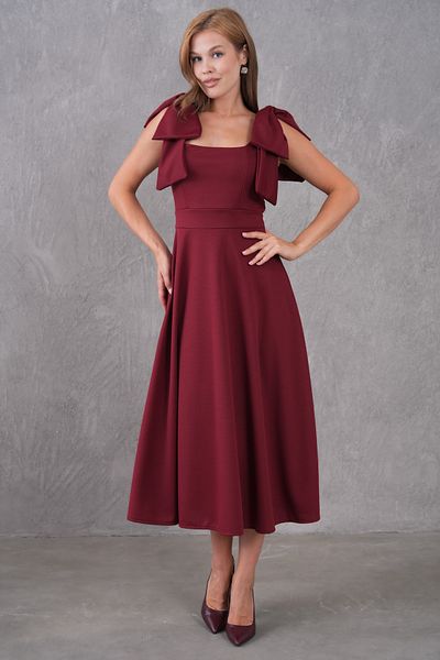 bayansepeti Burgundy Stretchy Crepe Fabric Strapless Neckline Tie-Up Strap Detailed Midi Length Black Flared Dress 77127