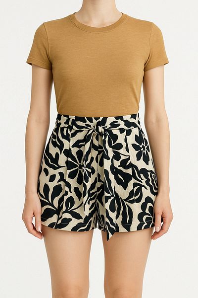 Kübra Tekstil Women's Belted Black and White Floral Patterned Mini Skirt – Summer Comfortable & Stylish Daily Combination Piece