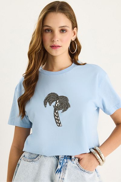 Bianco Lucci Women's 100% Cotton Crew Neck Palm Stone Accessory Comfortable Fit T-Shirt 60602067